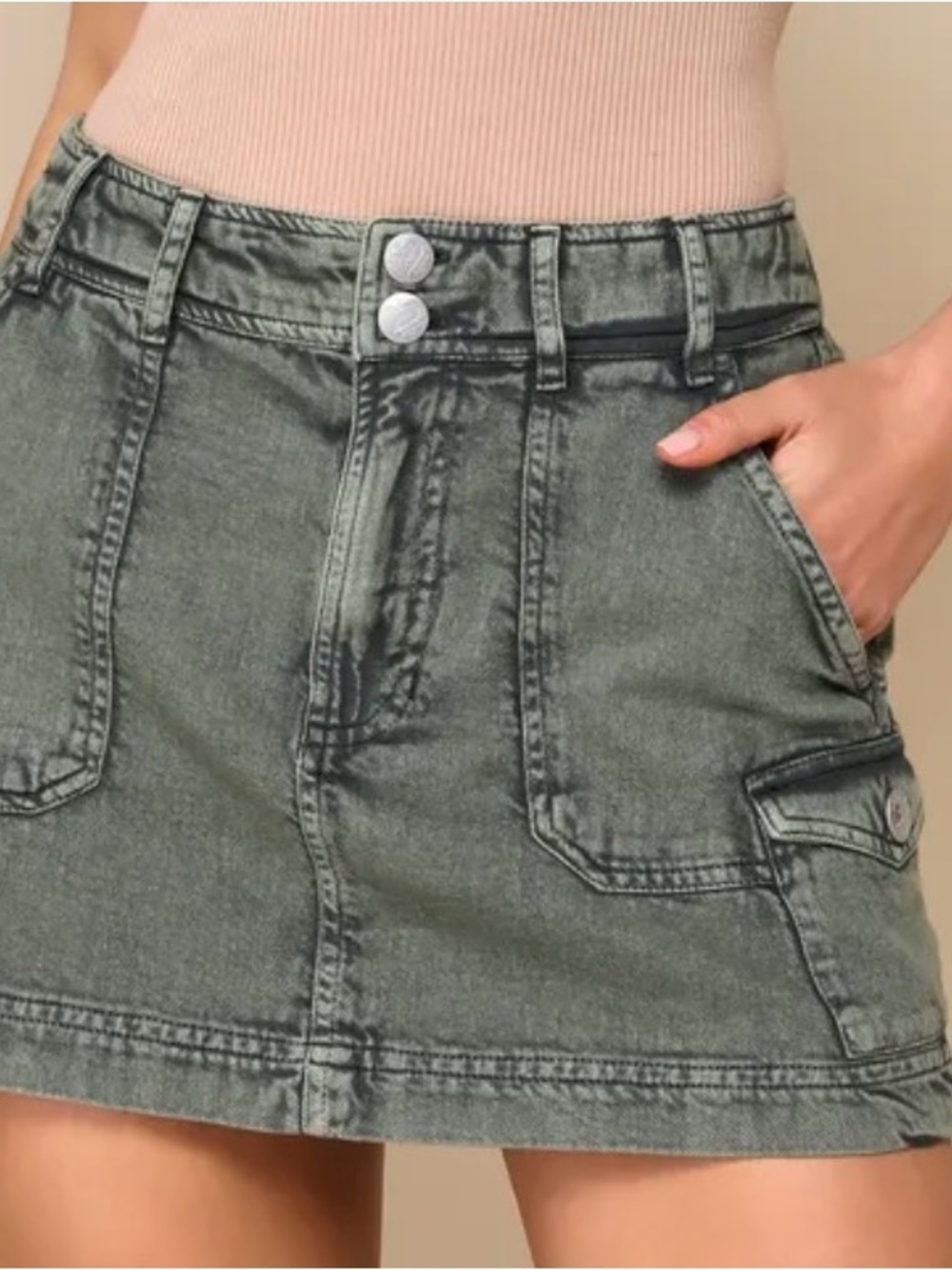 Roxy Olive Washed Roll With It Utility Denim Mini Skirt